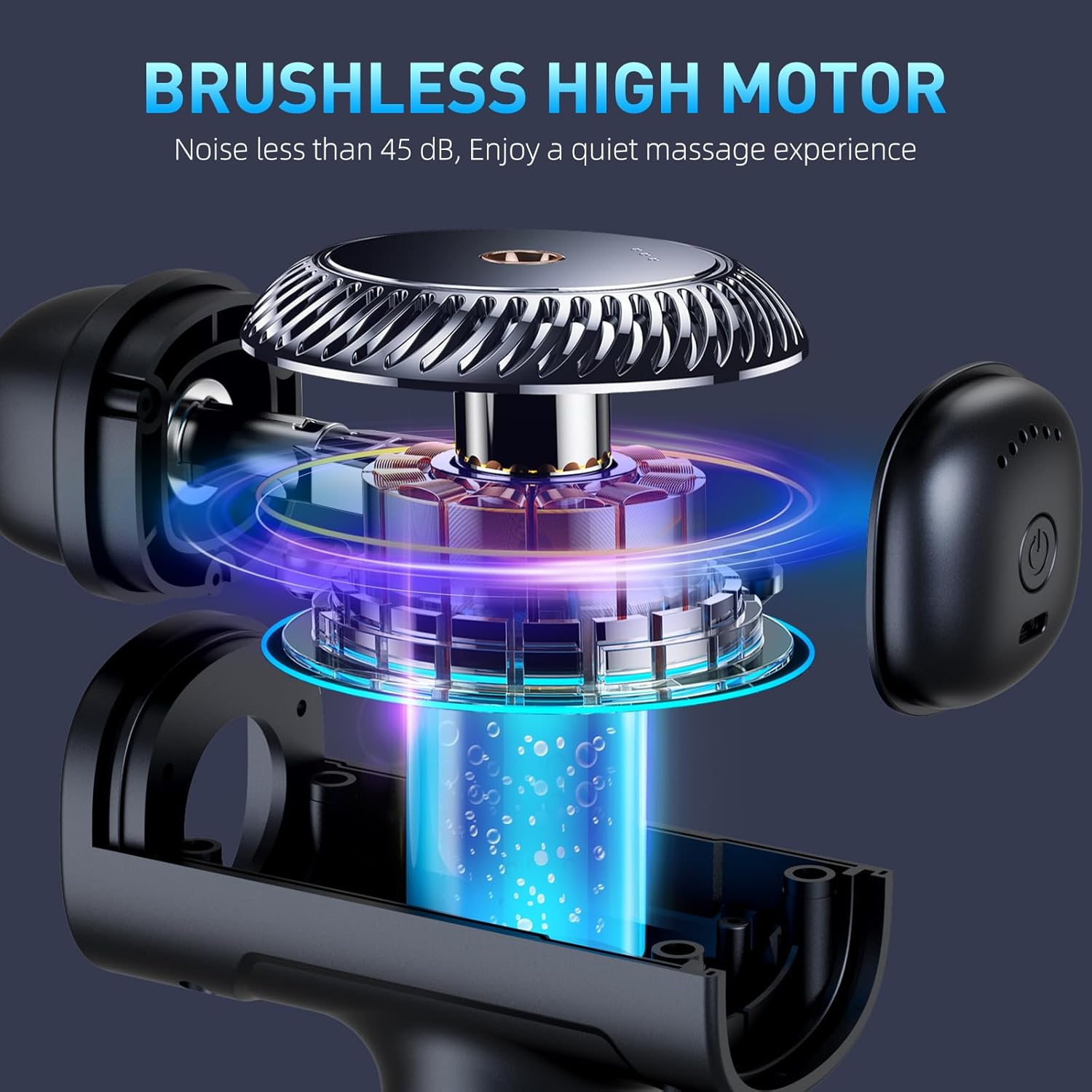 Explosionsansicht eines schwarzen Massagegeräts mit seinen internen Komponenten. Text lautet 'Brushless High Motor'.