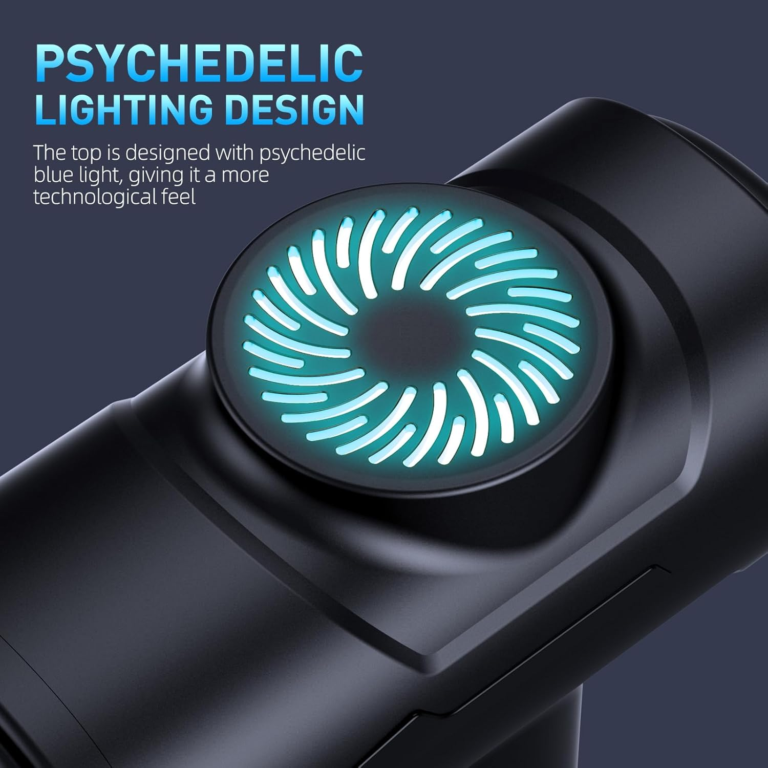 Schwarzes Gerät mit blauem psychedelischem Licht. Text: 'PSYCHEDELIC LIGHTING DESIGN'. Hintergrund dunkelblau.