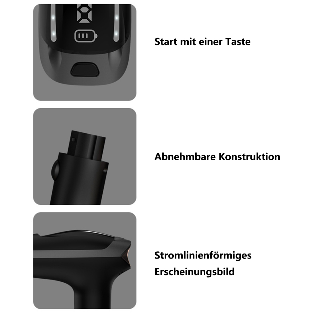 Nahaufnahmen eines schwarzen Geräts. Details umfassen Knopf, Batterieanzeige, abnehmbare Konstruktion und stromlinienförmiges Design.