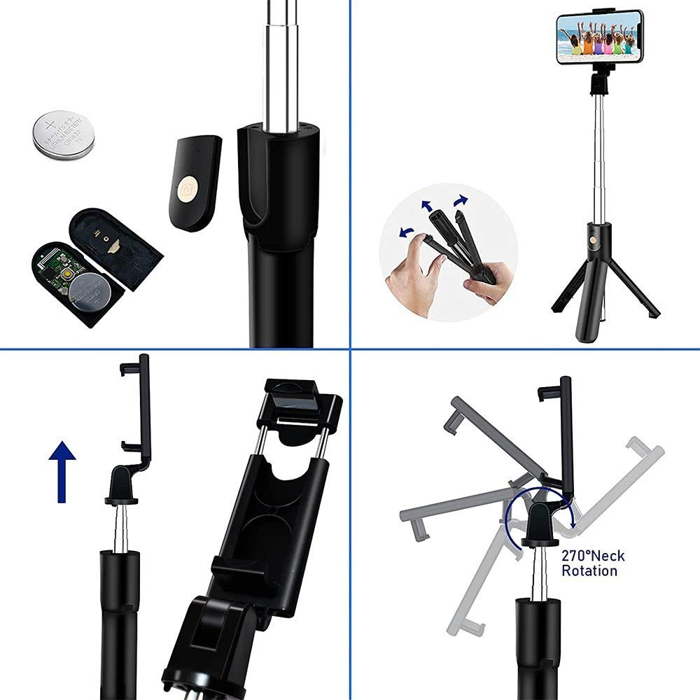 Das Bild zeigt einen Selfie-Stick mit Telefon, Fernbedienung und Stativ. Teile des Sticks werden mit Pfeilen und Rotationsdetails gezeigt.