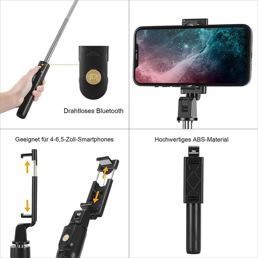 Ein schwarzer Selfie-Stick und Zubehör, einschließlich einer Bluetooth-Fernbedienung und einer Telefonhalterung, werden gezeigt.