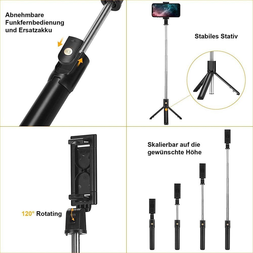 Ein schwarzer Selfie-Stick mit Telefonhalter, Fernbedienung und einstellbarer Höhe. Er hat einen Stativfuß und dreht sich um 120 Grad.