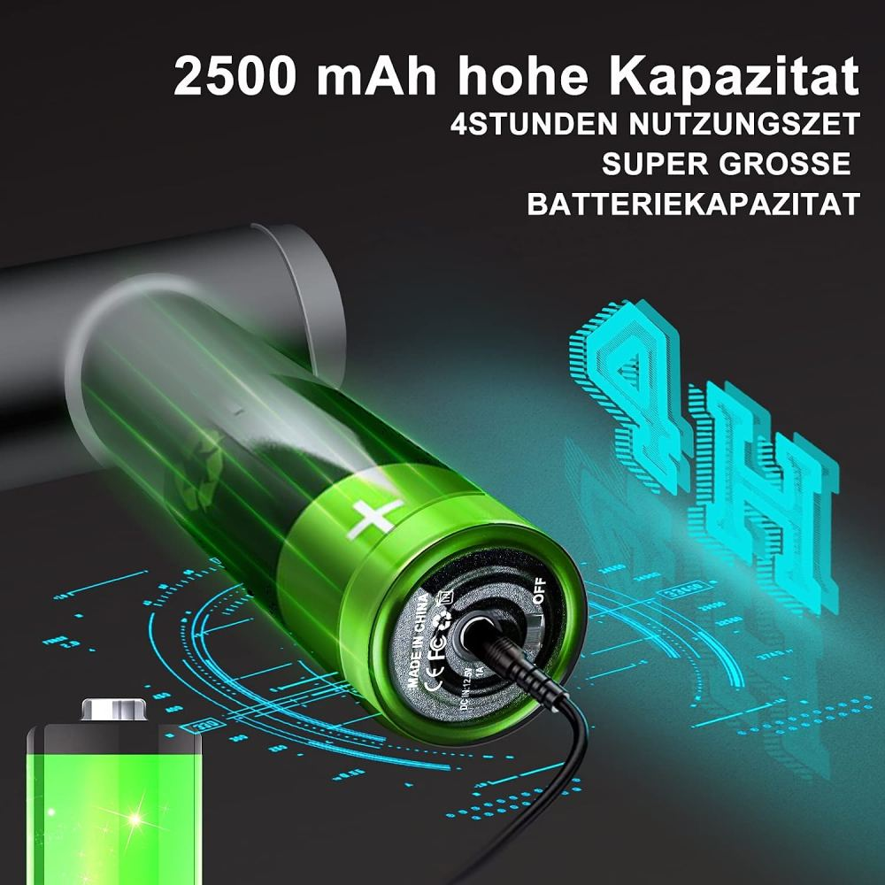 Das Bild zeigt einen grünen Akku, der geladen wird. Der Text weist auf eine Kapazität von 2500 mAh hin. Der Hintergrund hat grafische Elemente.