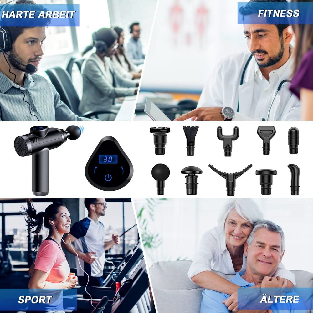 Das Bild zeigt Szenen von Arbeit, Fitness, Sport und älteren Menschen. Massagepistole und Aufsätze werden ebenfalls angezeigt. Verschiedene Aktivitäten.