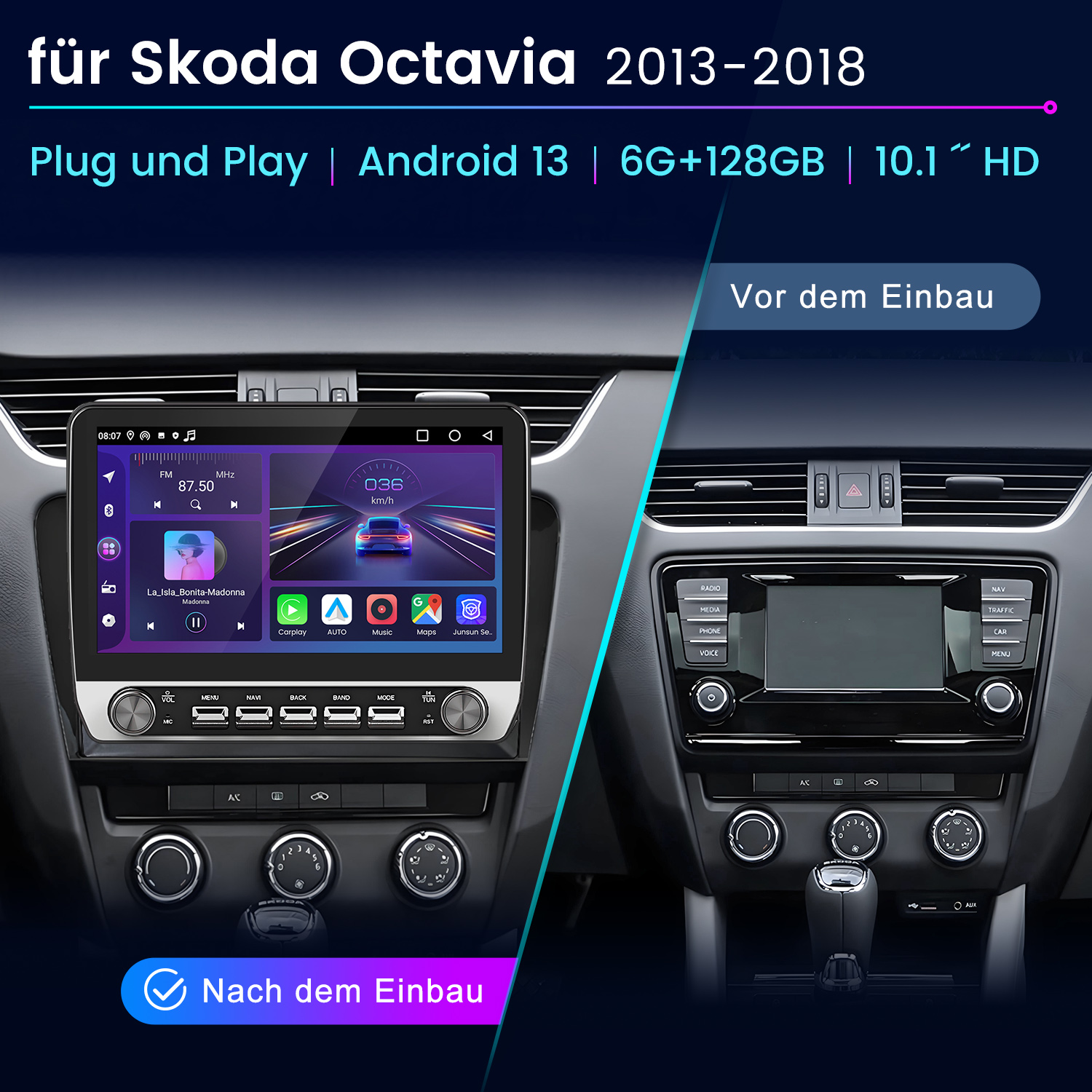 Armaturenbrett mit neuem Bildschirm links, altem Bildschirm rechts. Text oben: 'Skoda Octavia'.