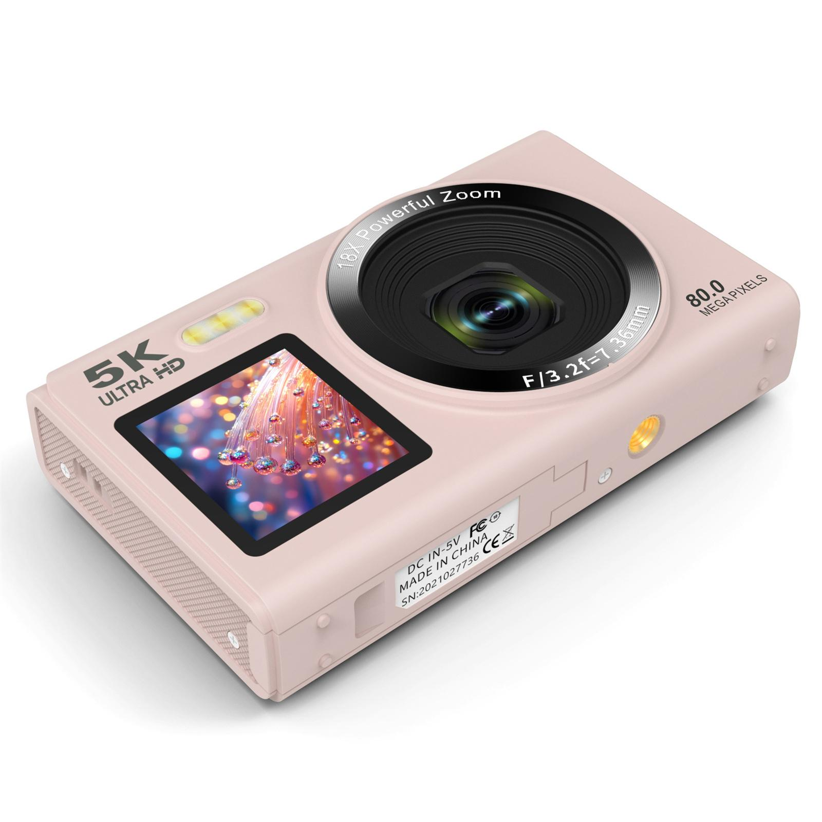 Eine rosa Digitalkamera mit großem Objektiv, Display und verschiedenen Knöpfen. Sie hat 5K Ultra HD und 80,0 Megapixel.