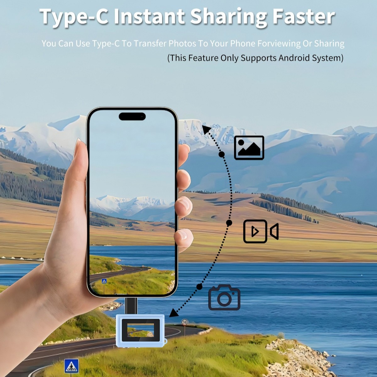 Hand hält Telefon mit Landschaft. Typ-C-Kabel an ein kleines Gerät angeschlossen. Text: Typ-C Instant Sharing Faster.