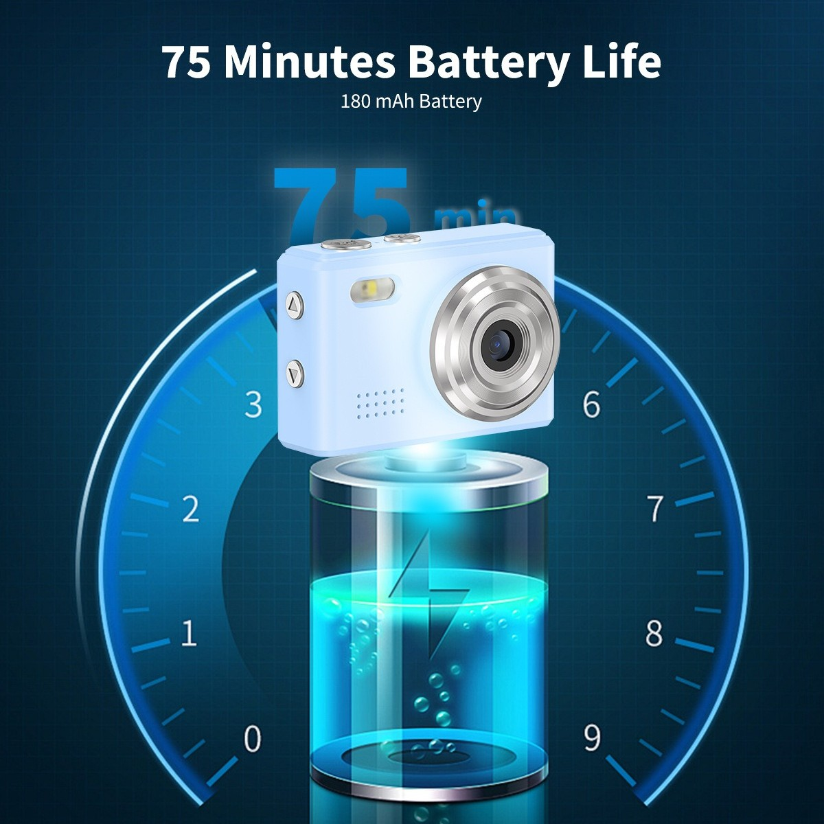 Eine hellblaue Kamera schwebt über einer Batterie-Grafik. Der Akku zeigt volle Ladung an. Der Text lautet: 75 Minuten Akkulaufzeit, 180 mAh Akku.