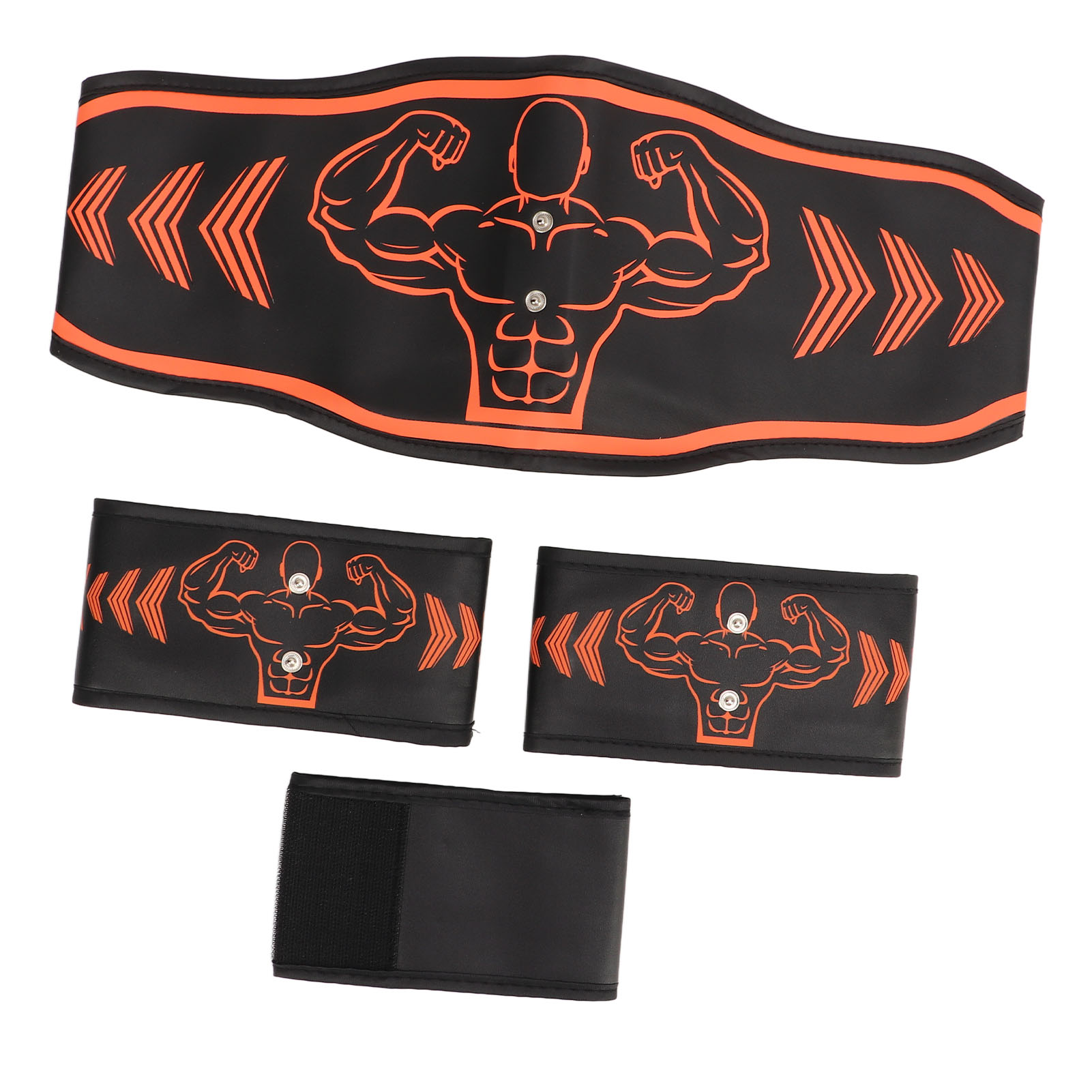 Ein schwarzer Fitnessgürtel und drei Pads mit orangefarbenen Muskelmann-Grafiken, Pfeilen und Nieten auf weißem Hintergrund.