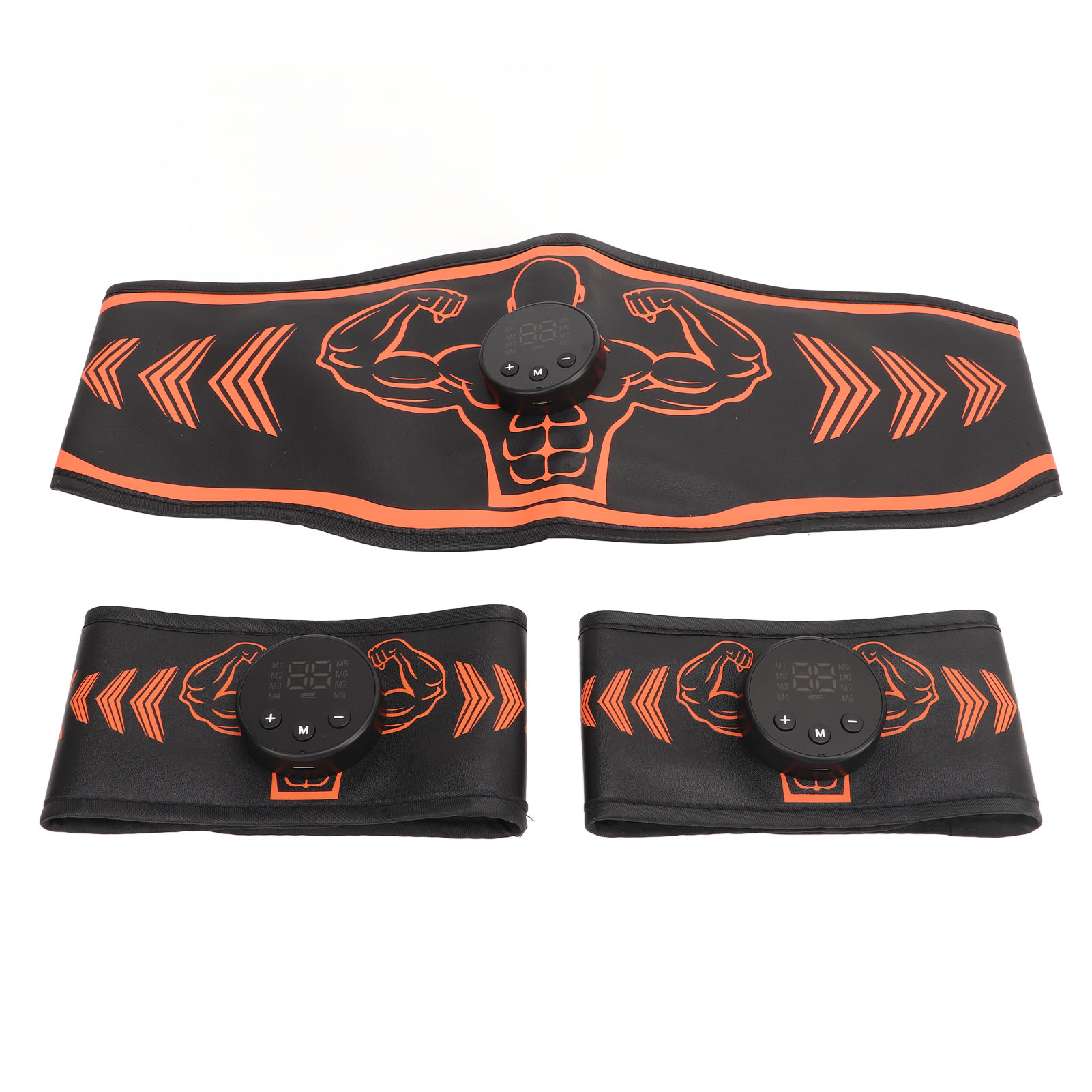 Schwarzer Fitnessgürtel mit orangen Akzenten, zwei Armbändern und einer zentralen Steuereinheit. Mit Muskelarm-Grafik und LED-Anzeigen.