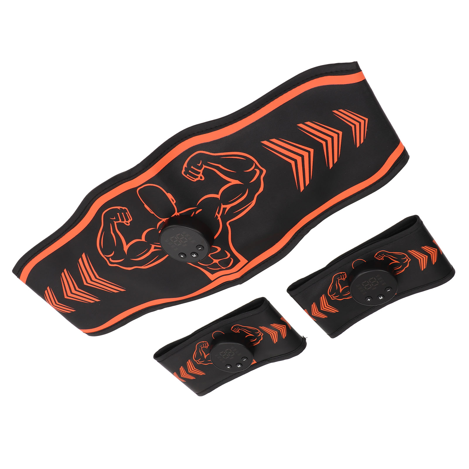 Schwarzes Fitness-Gürtel-Set mit orangefarbenen Akzenten. Enthält einen Hauptgürtel und zwei kleinere mit Bedienfeldern.