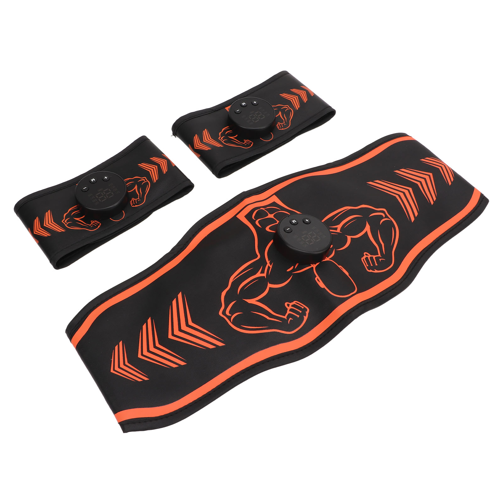 Schwarzes Fitness-Gürtel-Set mit orangefarbenen Akzenten. Enthält drei Teile mit Muskelmann-Illustrationen und Bedienfeldern.