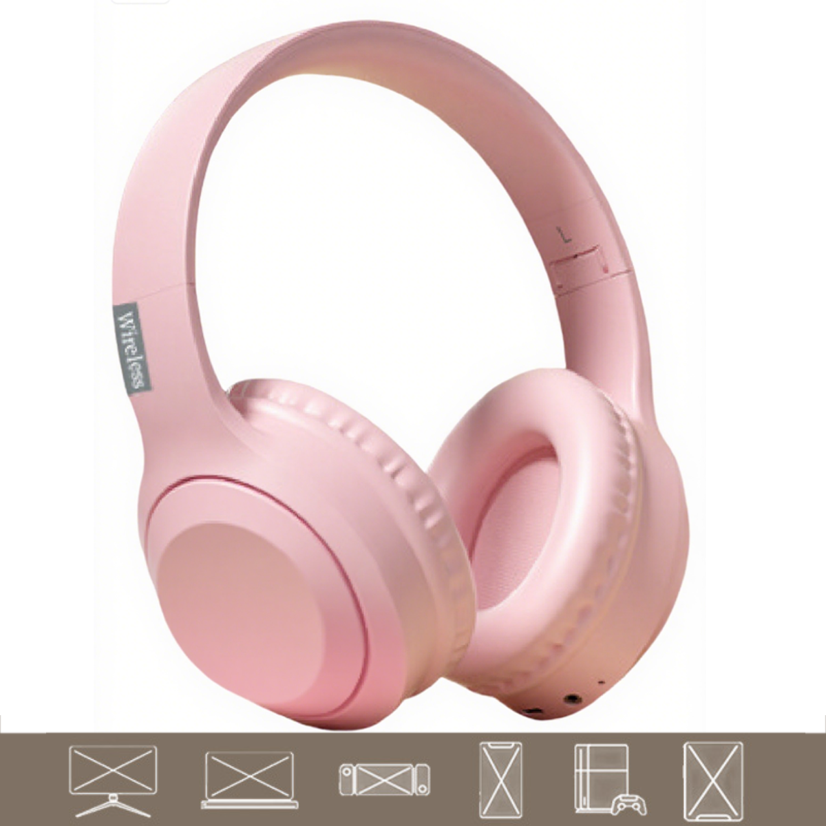 Ein Paar rosa kabellose Kopfhörer wird gezeigt. Die Kopfhörer befinden sich auf weißem Hintergrund. Unten befindet sich eine Reihe von Symbolen.