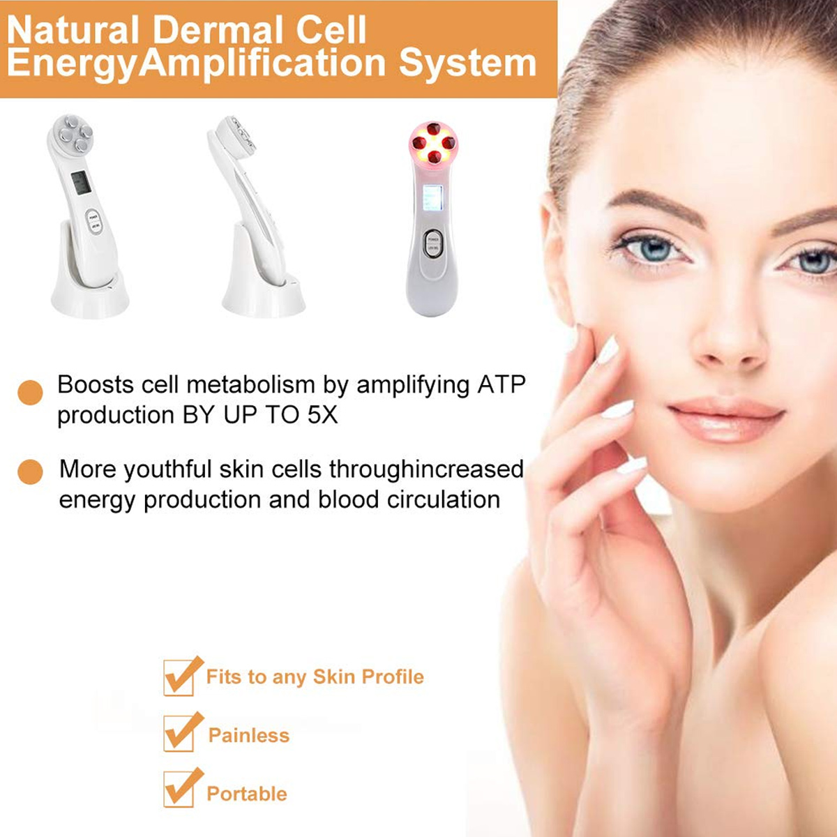 Das Bild zeigt eine Frau und drei Hautpflegegeräte. Der Text erklärt die Vorteile des 'Natural Dermal Cell Energy Amplification System'.