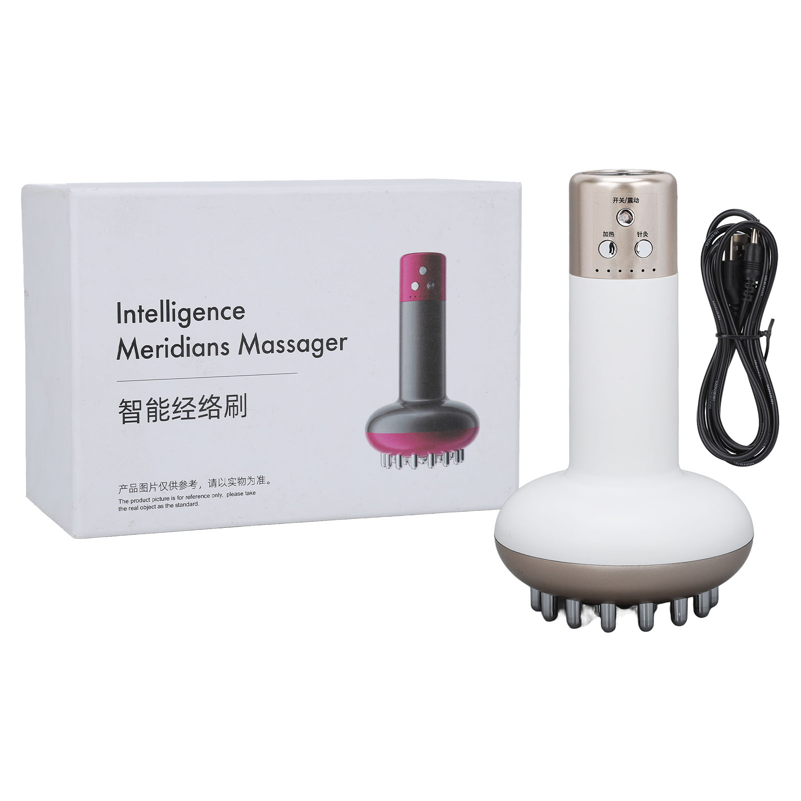 Ein weißes und silbernes Meridianmassagegerät mit einer Box mit der Aufschrift 'Intelligence Meridians Massager' und einem schwarzen Netzkabel.