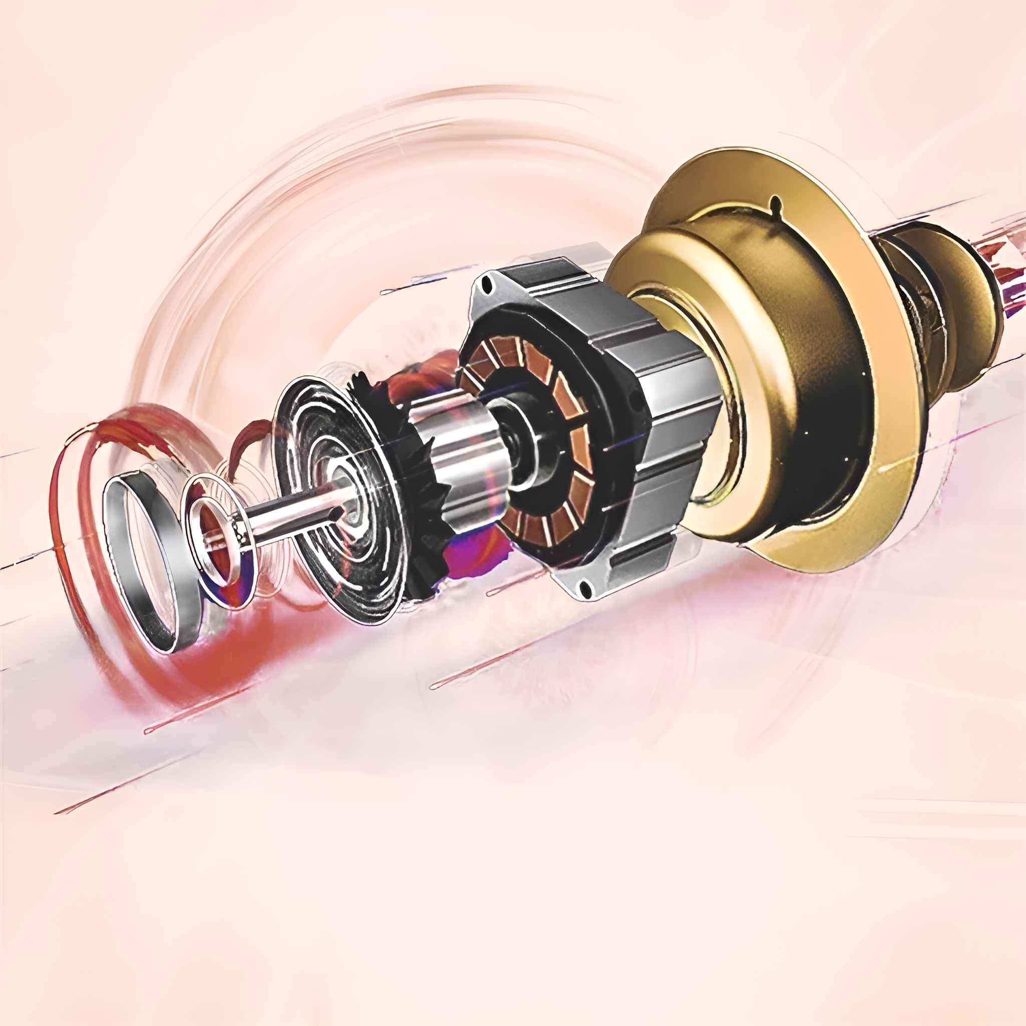 Schnittansicht eines mechanischen Geräts. Zeigt innere Komponenten, einschließlich Rotor, Stator und Lager mit Goldgehäuse.