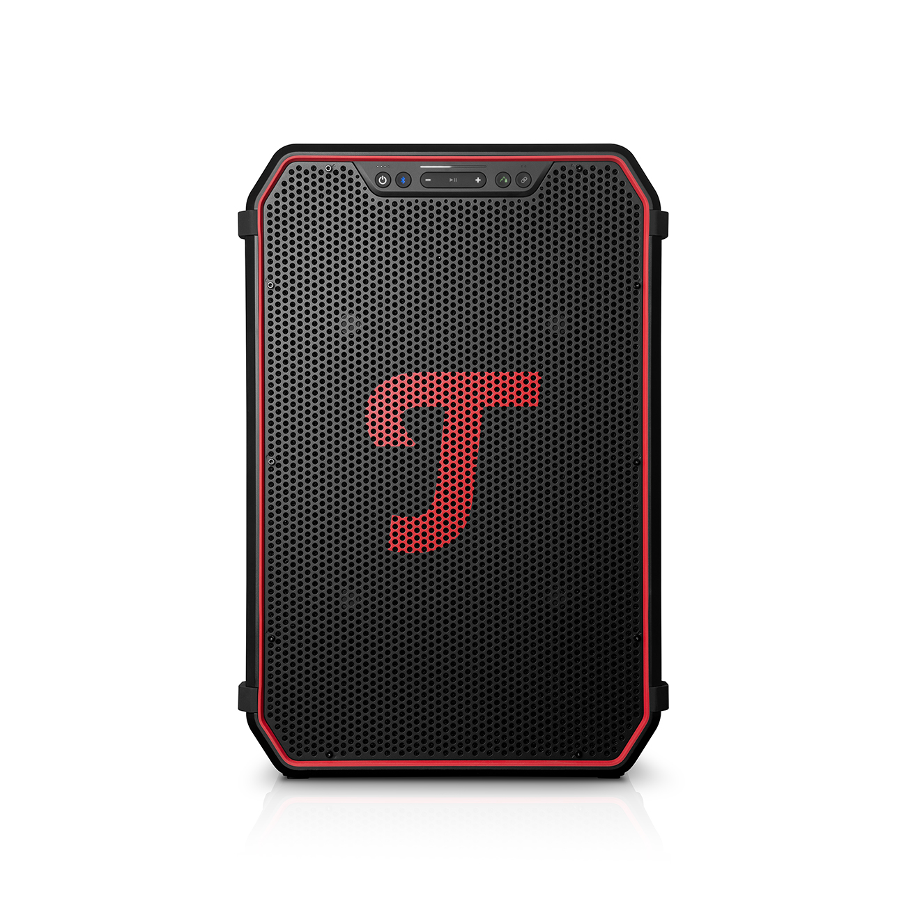 Zwarte luidspreker met rode rand en rood 'T' logo. Het heeft een geperforeerd voorpaneel en bedieningsknoppen bovenop, geïsoleerd op wit.