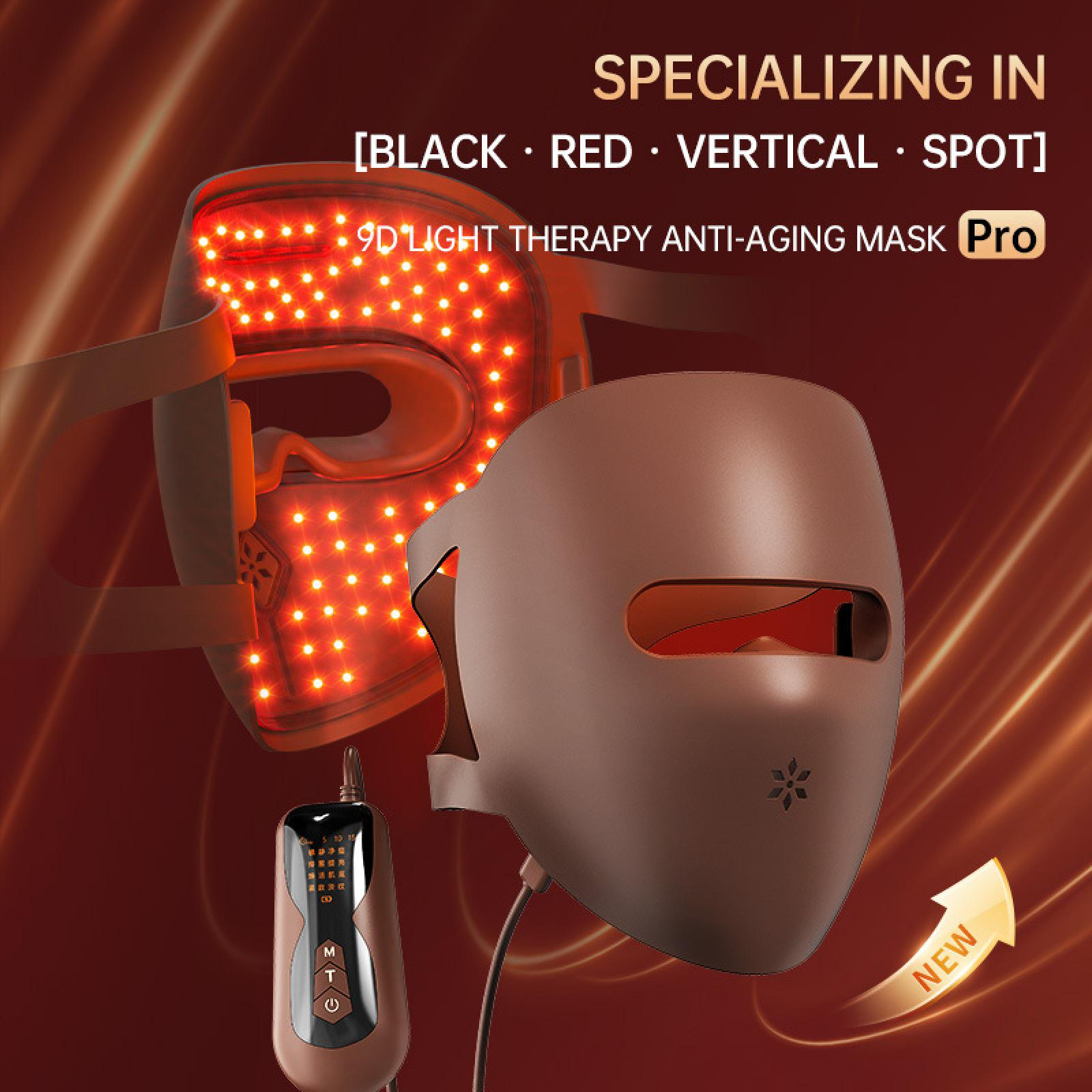 Eine Rotlichttherapiemaske, eine braune Maske und ein Bedienfeld werden vor rotem Hintergrund angezeigt. Ein 'NEU'-Pfeil ist vorhanden.