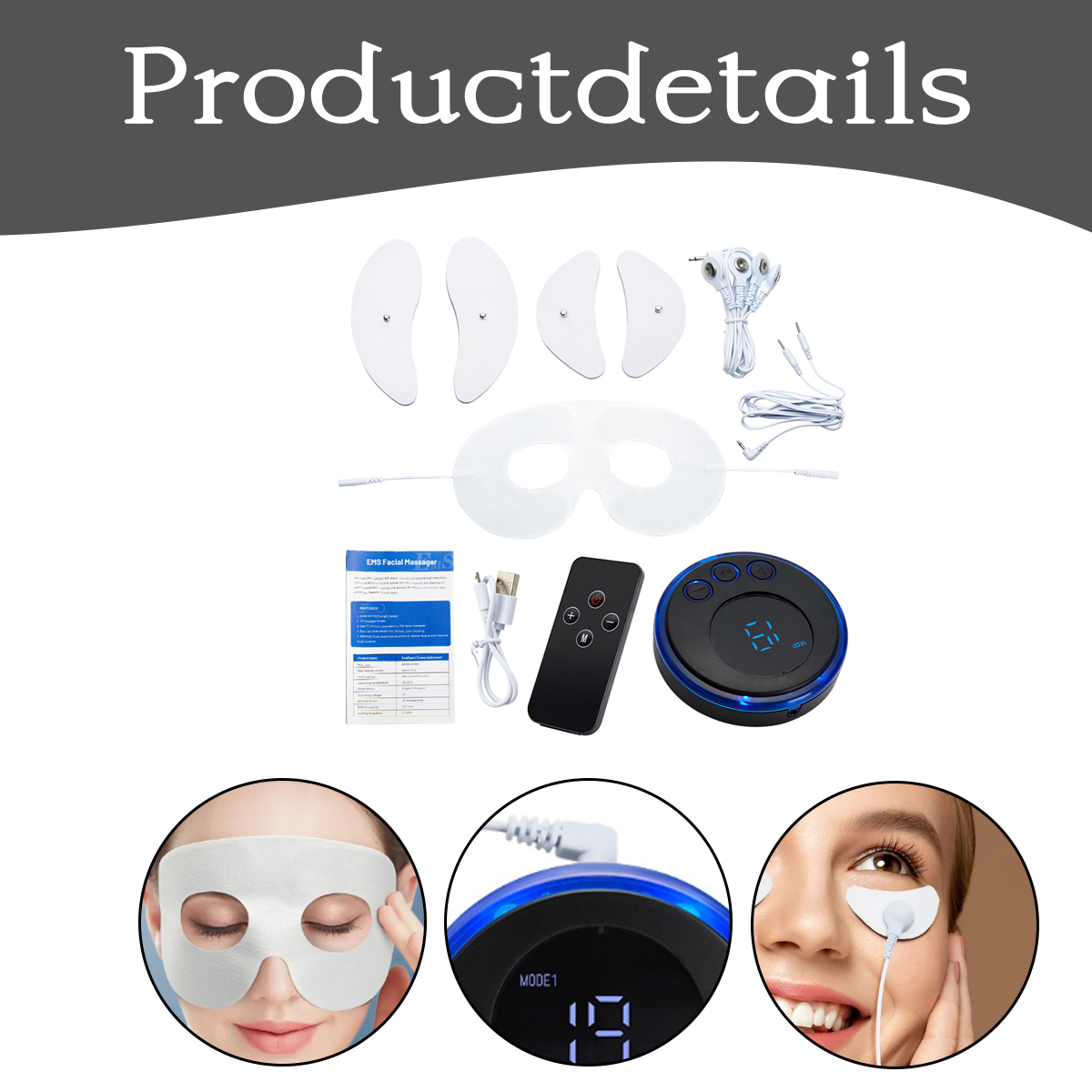 Produktdetails: Gesichtsmassagegerät mit Pads, Augenmaske, Fernbedienung und Bedieneinheit. Enthält Nahaufnahmen von Anwendung und Gerätedetails.