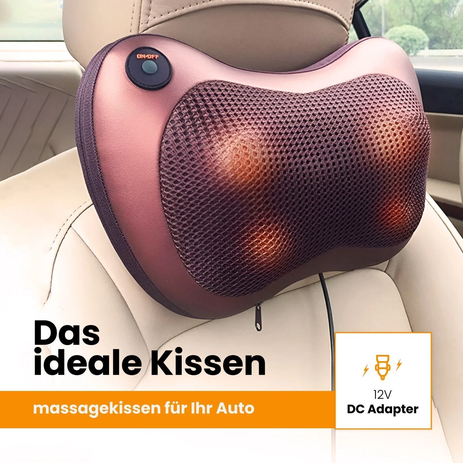 Ein Auto-Kopfstützen-Massagekissen mit Ein-Aus-Taste, 12V-DC-Adapter und Text auf Deutsch: Das ideale Kissen.