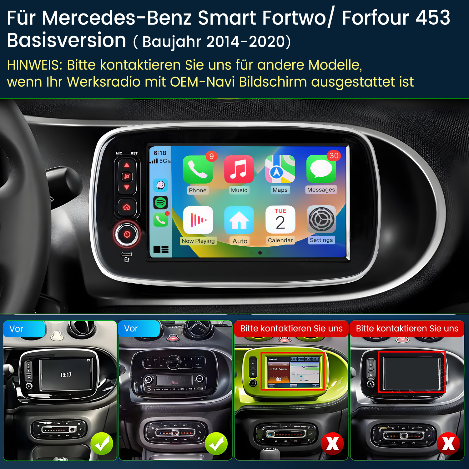 Armaturenbrett eines Smart-Autos mit einem Bildschirm, der App-Symbole zeigt, und kleine Bilder von Armaturenbrettern zur Kompatibilitätsbestimmung.