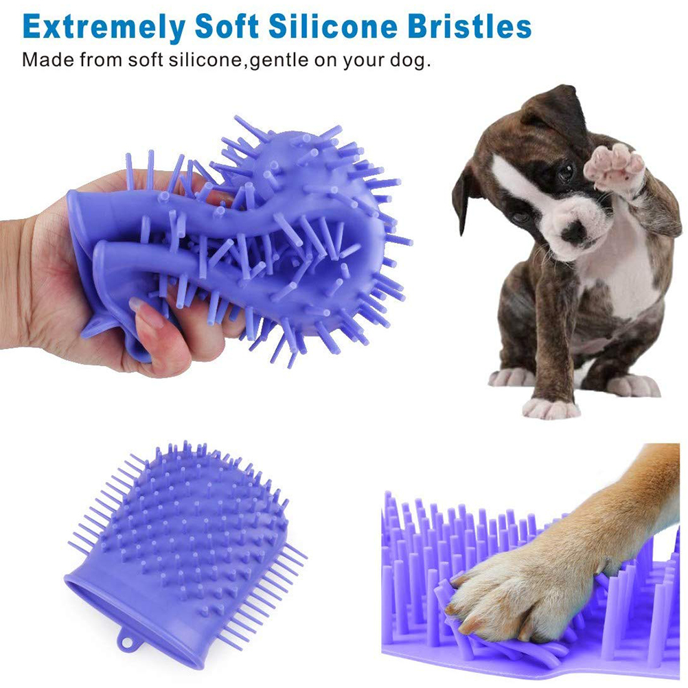 Das Bild zeigt eine lilafarbene Silikonbürste, einen Welpen, einen Bürstenhandschuh und eine Hundepfote auf einer lilafarbenen Matte, alles zur Fellpflege.