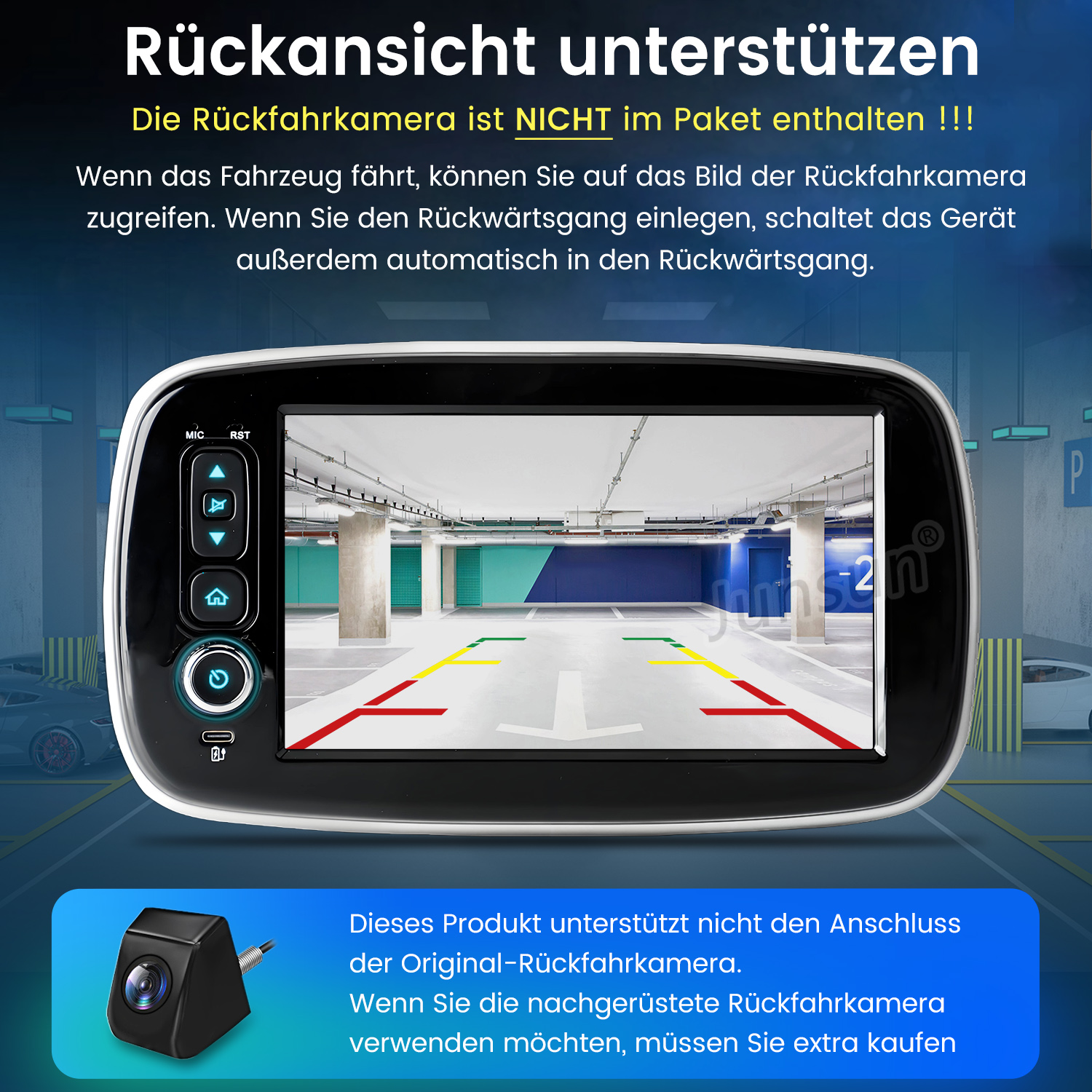 Ein Bildschirm für die Rückfahrkamera zeigt eine Parkgarage. Eine kleine Kamera wird unter dem Bildschirm angezeigt. Text auf Deutsch ist vorhanden.