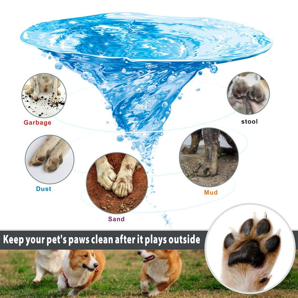 Bild zeigt einen Wasserwirbel mit Hundepfoten in verschiedenen Zuständen wie Müll, Staub, Sand, Schlamm und Kot. Hunde spielen im Hintergrund.