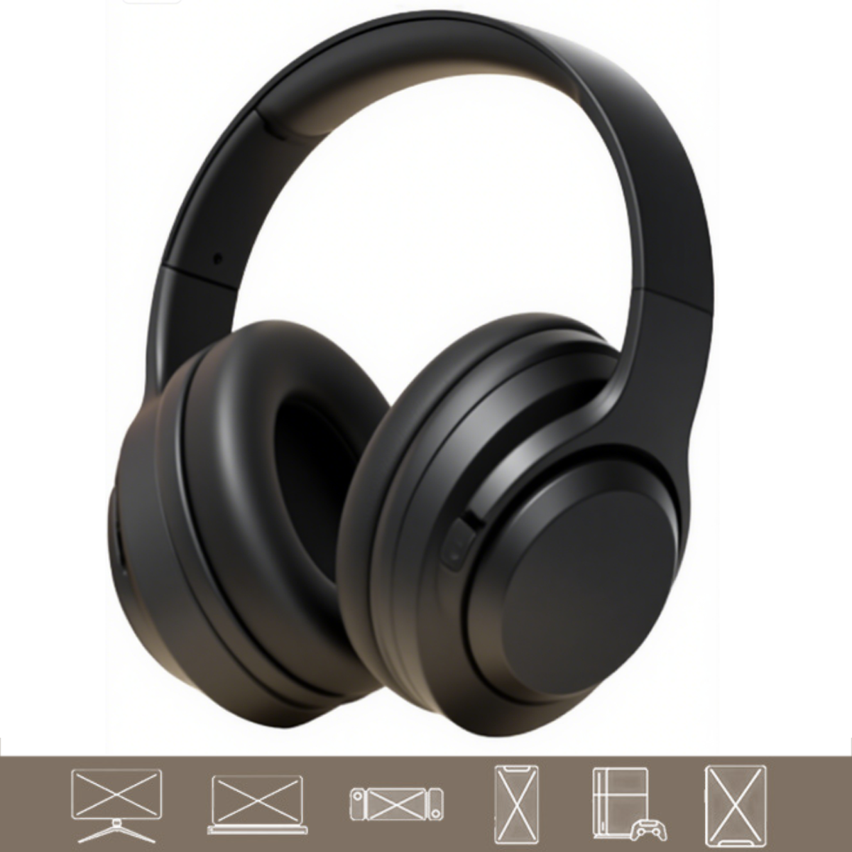 Schwarze Over-Ear-Kopfhörer. Die Kopfhörer sind von der Seite zu sehen, mit weißem Hintergrund. Unten befinden sich Geräte-Icons.