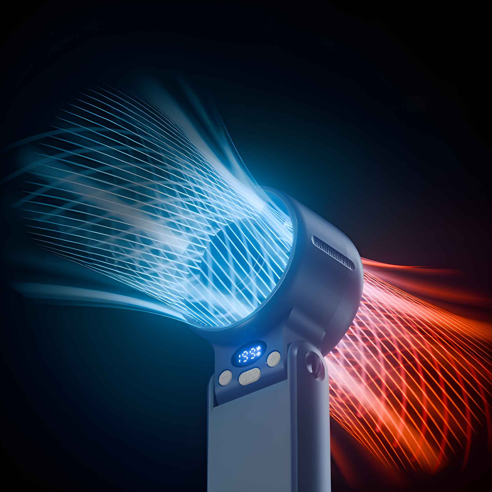 Ein dunkelblauer Ventilator mit blauen und roten Luftströmen, die von ihm ausgehen. Der Ventilator hat eine Digitalanzeige mit Einstellungen.