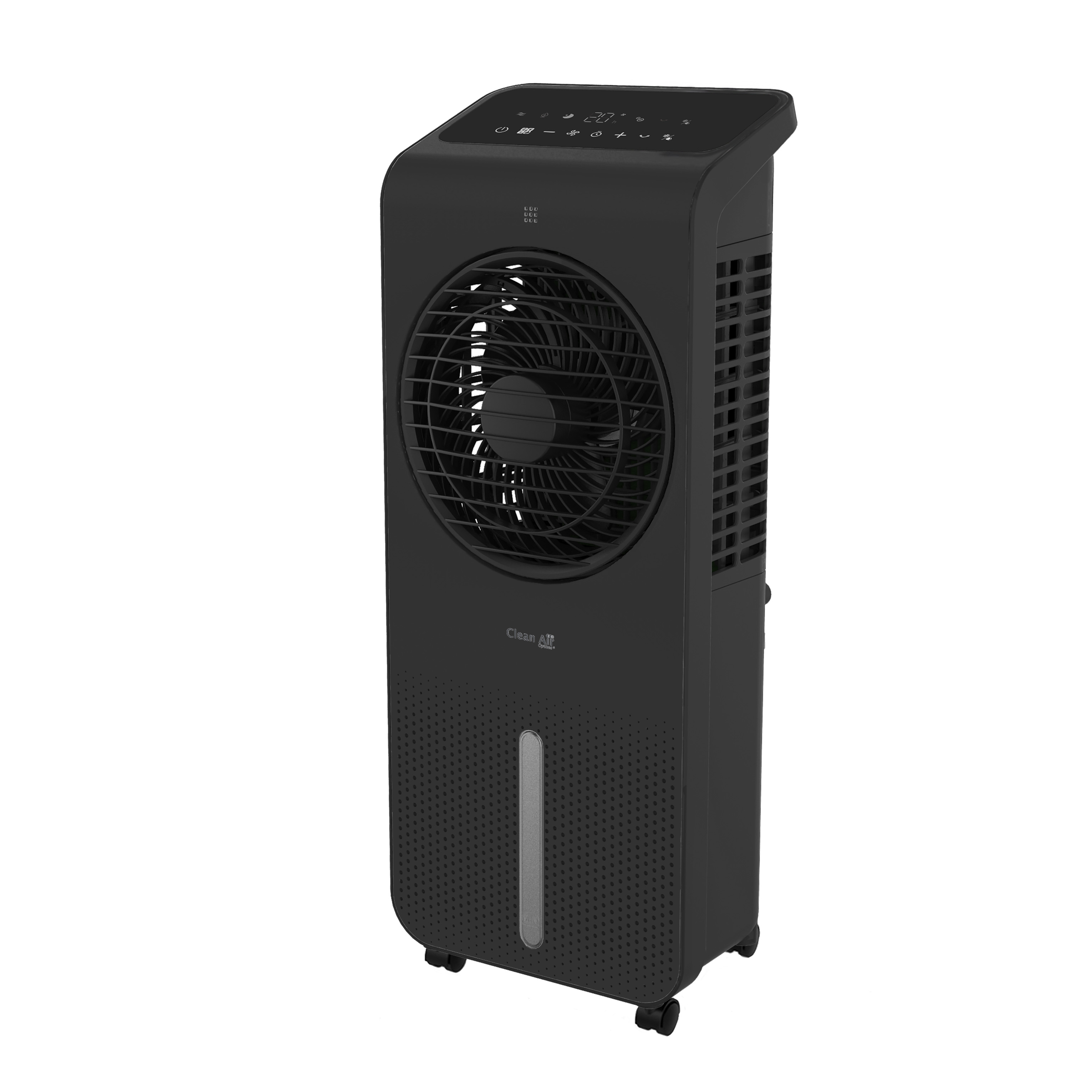 Refroidisseur d'air noir avec ventilateur, affichage numérique et panneau de commande. Indicateur de niveau d'eau.