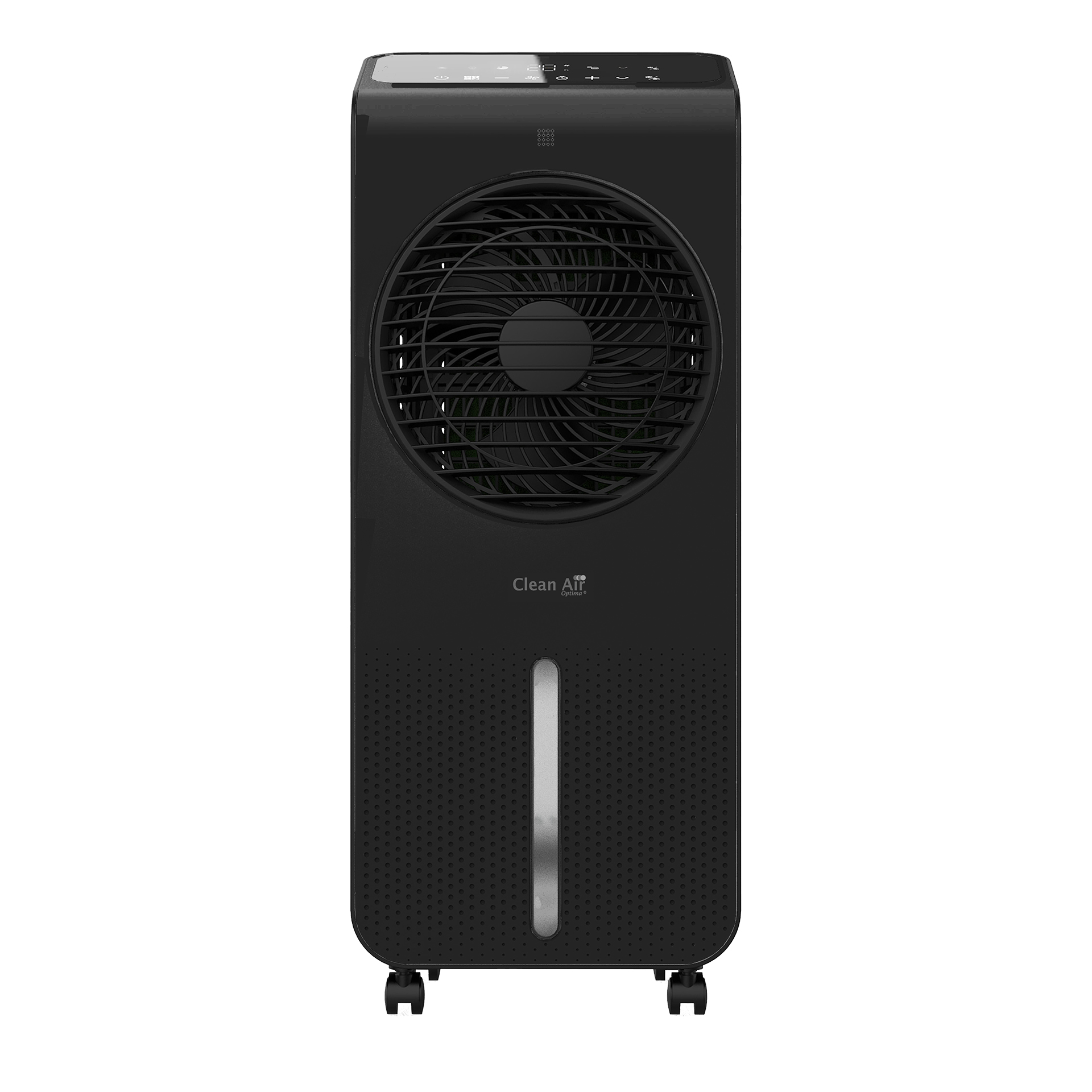 Refroidisseur d'air noir avec ventilateur, affichage numérique et roues. Logo 'Clean Air Optima' et indicateur de niveau d'eau.