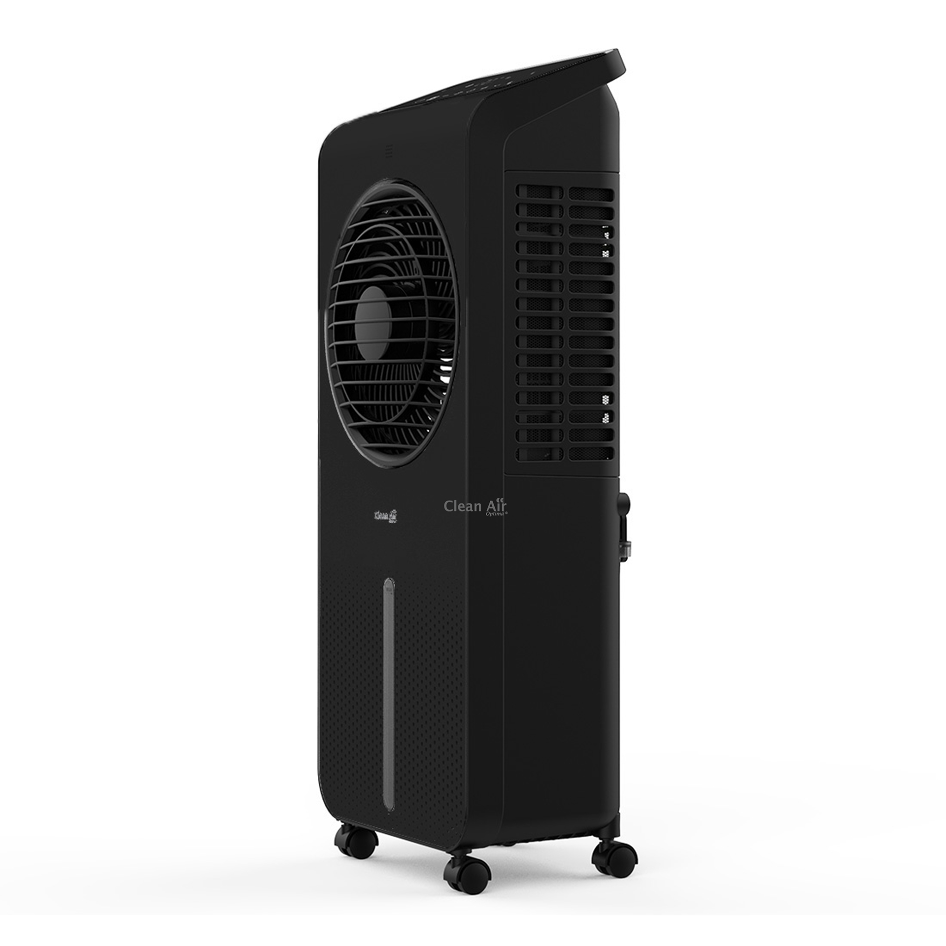 Refroidisseur d'air noir sur fond blanc. Il a un ventilateur, un réservoir d'eau et des roues. Clean Air Optima est imprimé.