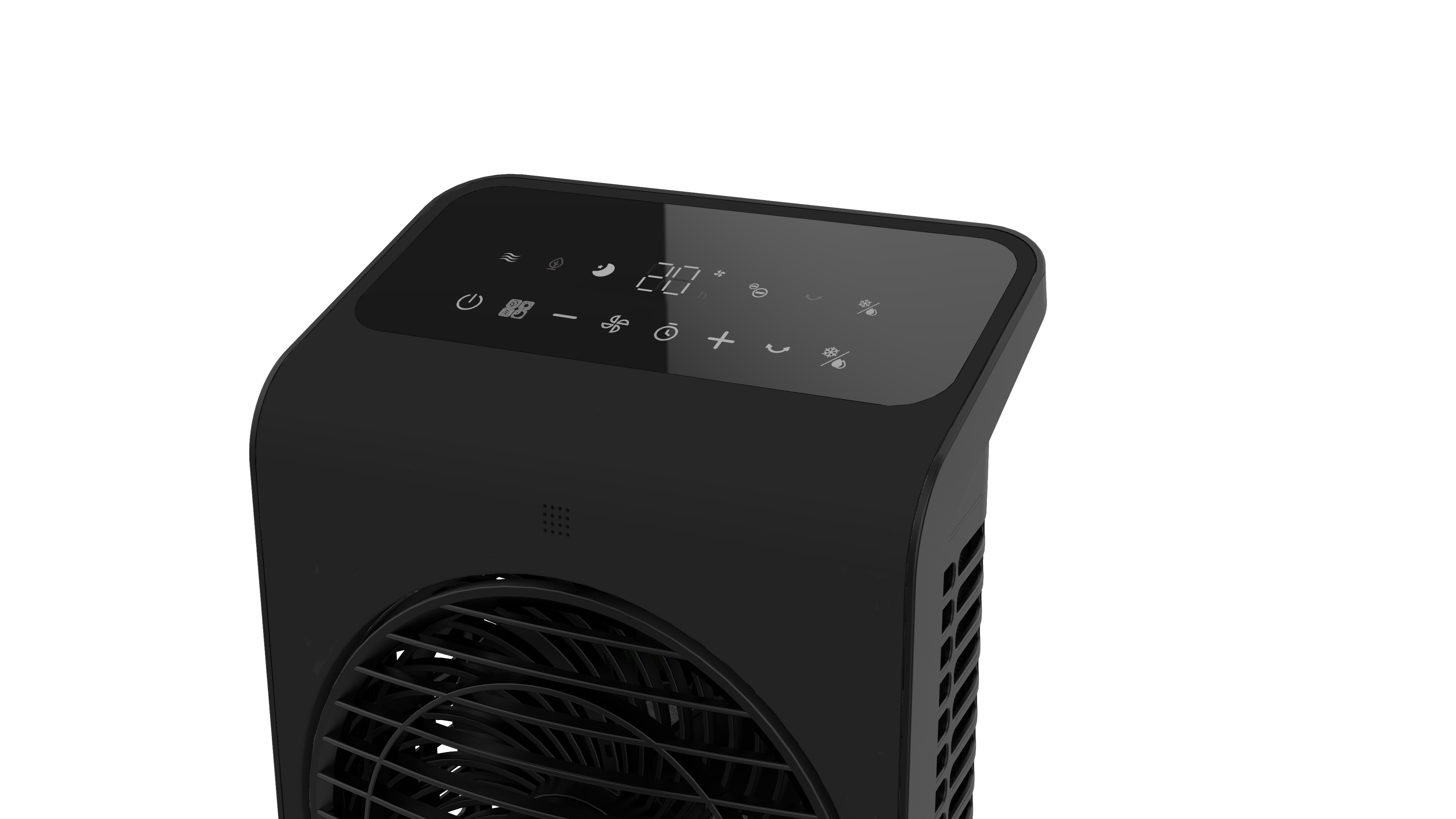 Gros plan sur un ventilateur tour noir. Il a un affichage numérique indiquant '20'. Le ventilateur a diverses icônes de contrôle.