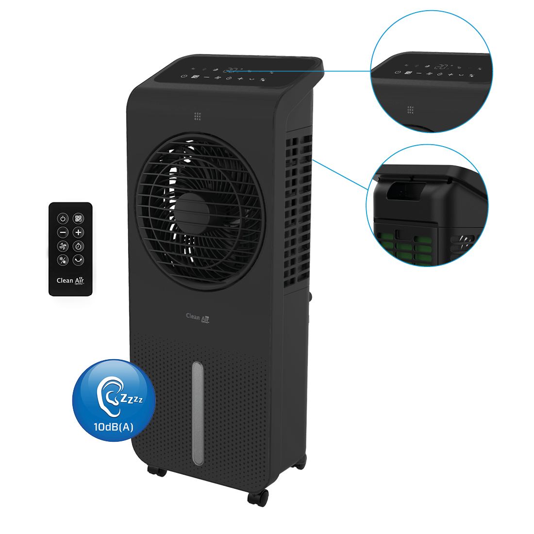 Refroidisseur d'air noir avec télécommande et panneau de commande. Comprend un ventilateur, un réservoir d'eau et 10dB(A) de bruit.