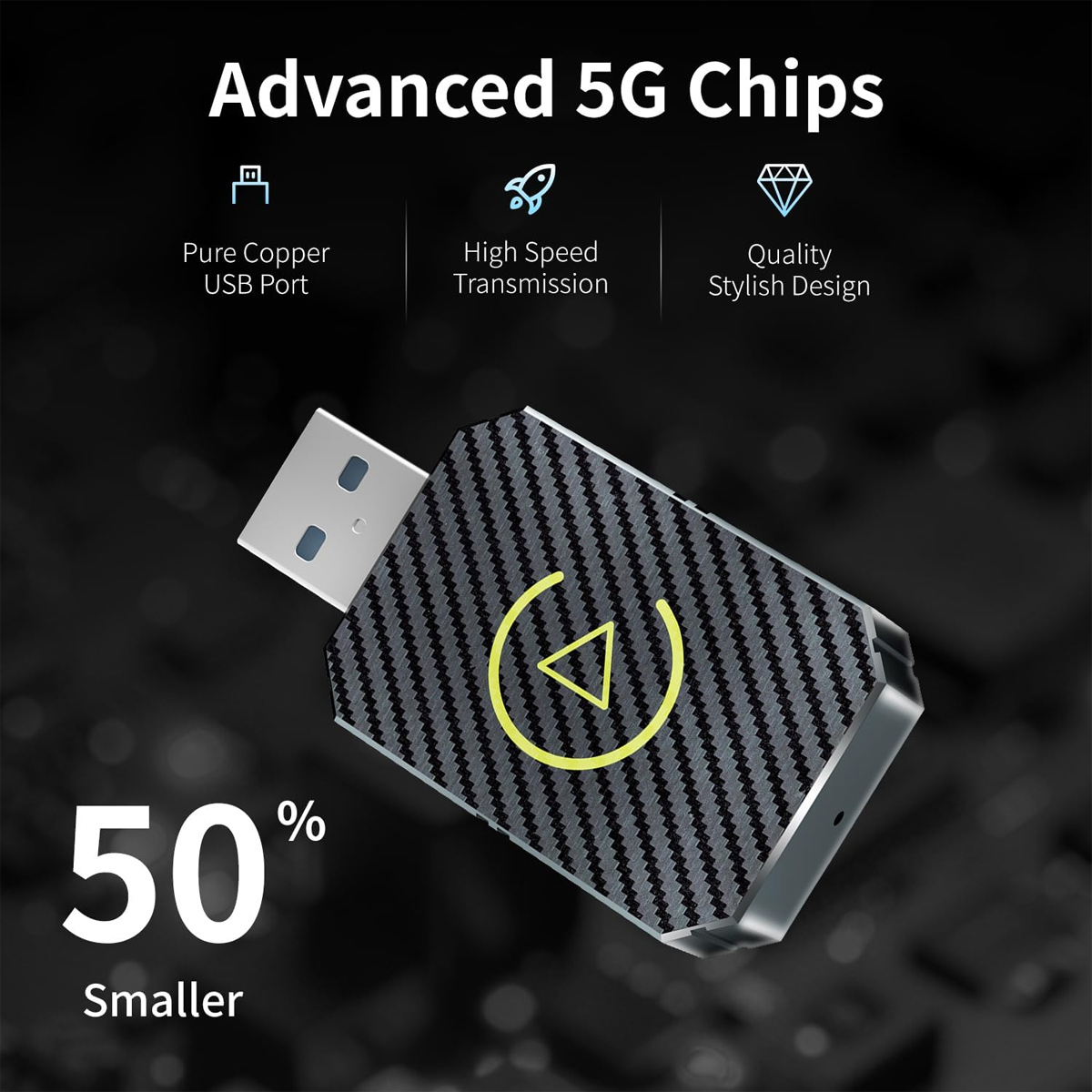Ein USB-Gerät mit Karbonfasermuster. Text lautet 'Advanced 5G Chips', '50% kleiner'.
