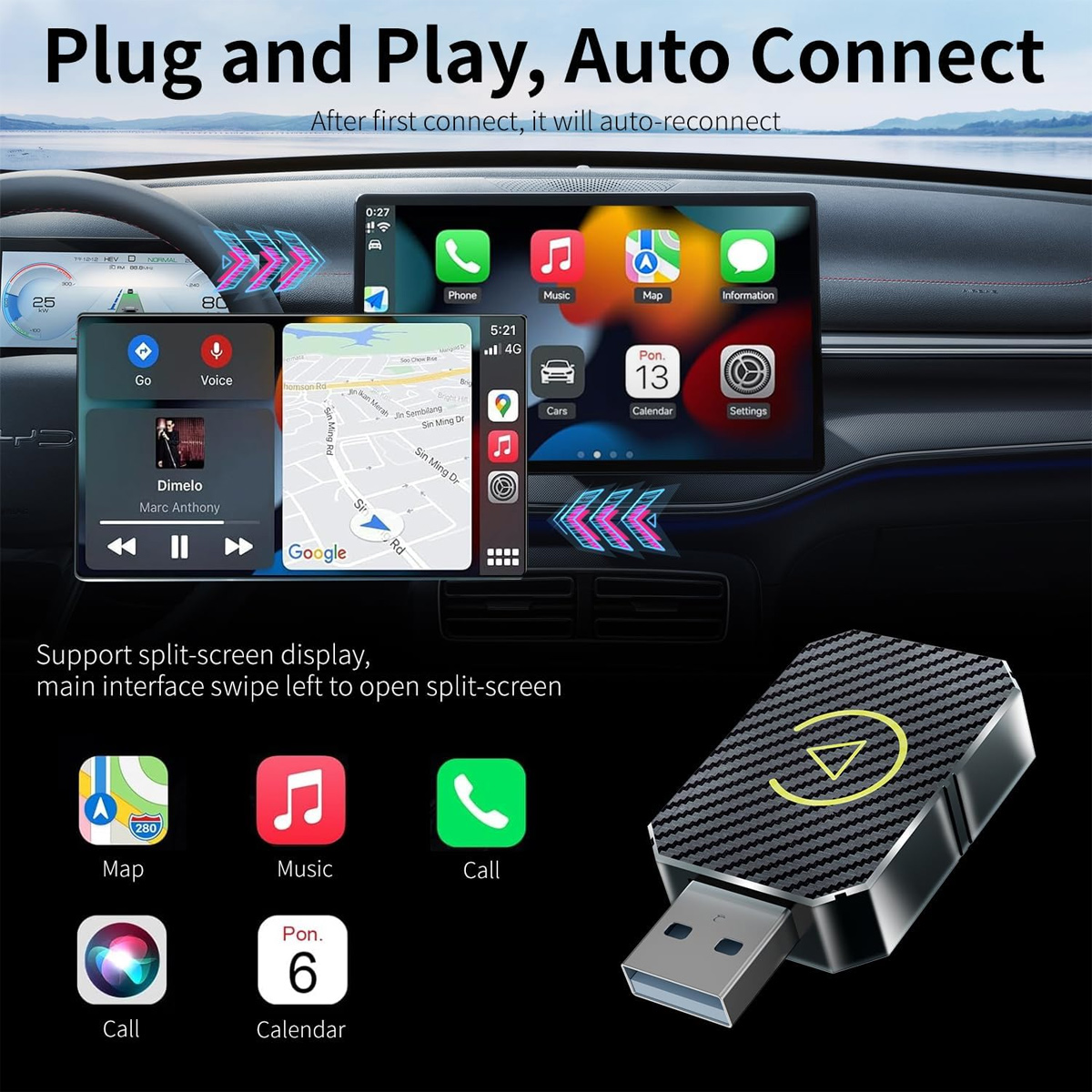 Auto-Armaturenbrett mit Navigations-, Musik- und Telefon-Apps. Rechts ist ein USB-Adapter abgebildet. Text: Plug and Play, Auto Connect.