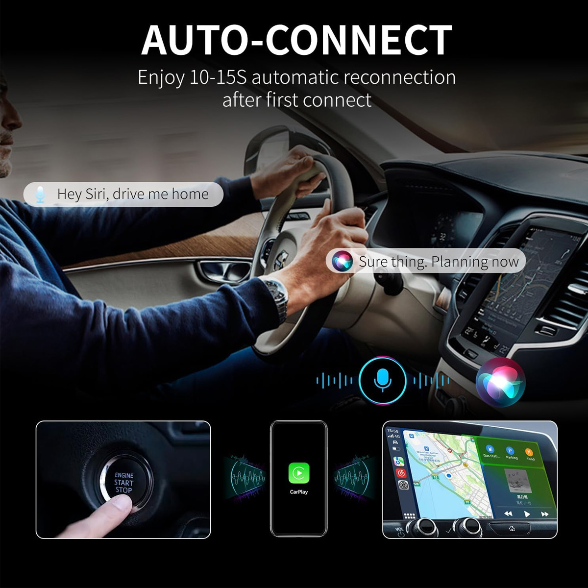 Mann fährt Auto und nutzt Sprachbefehle. Text-Overlay: 'AUTO-CONNECT' und 'Hey Siri, bring mich nach Hause.' Telefon- und Auto-Display.