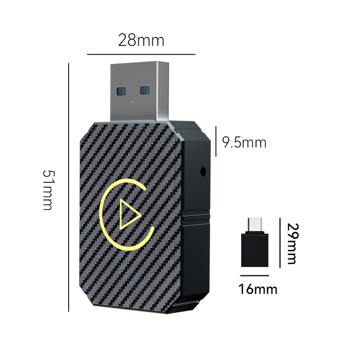Schwarz-graues USB-Gerät mit einem Wiedergabesymbol. Abmessungen: 51x28x9,5mm. Kleiner USB-C-Adapter: 29x16mm.