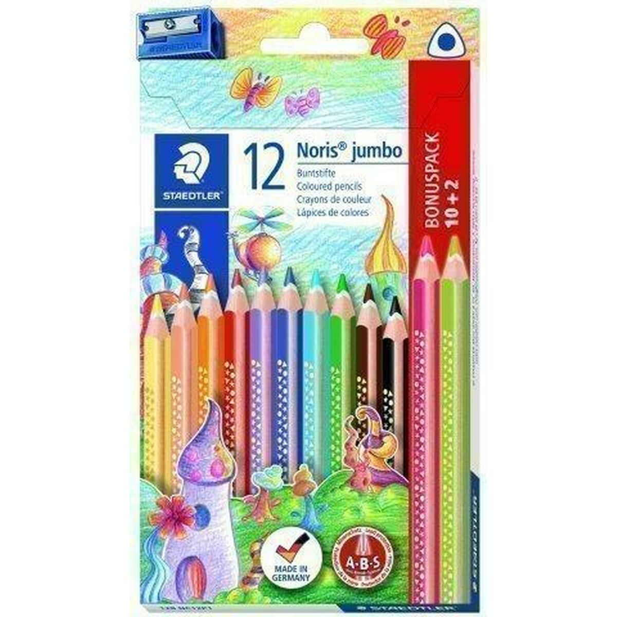 Eine Packung Staedtler Noris Jumbo Buntstifte, 12 Stück plus 2 Bonusstifte. Die Verpackung zeigt farbenfrohe Illustrationen.