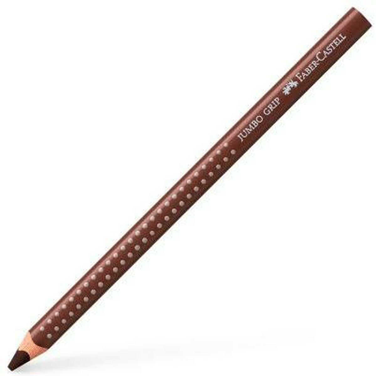 Ein brauner Faber-Castell Jumbo Grip Bleistift. Er hat weiße Punkte und den Markennamen. Der Stift ist gespitzt und einsatzbereit.