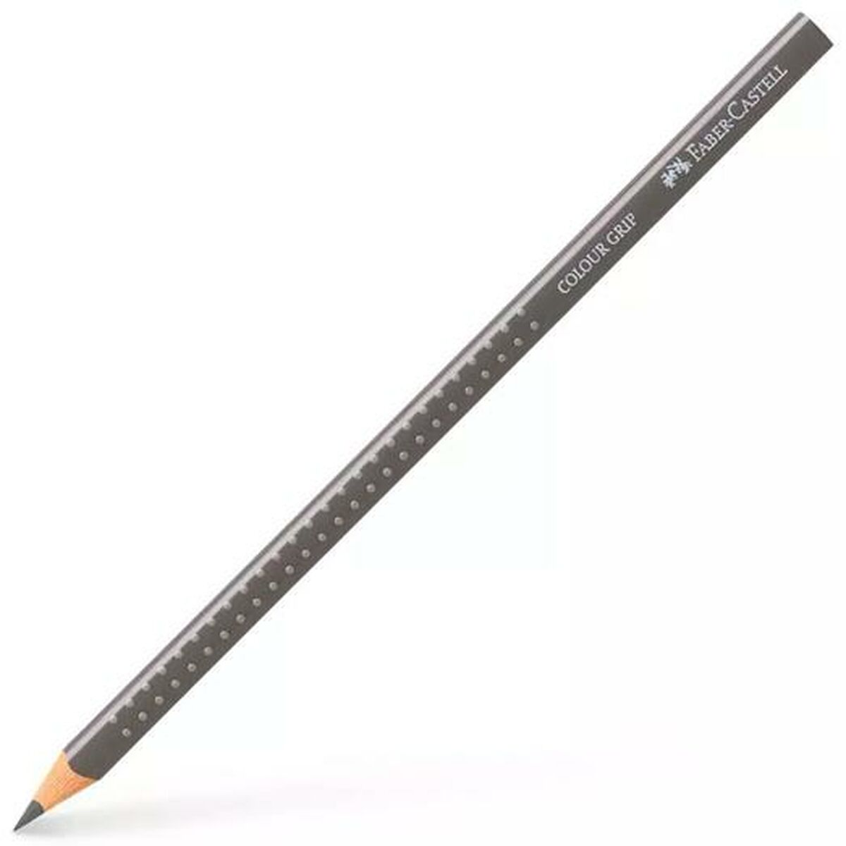 Ein grauer Faber-Castell Colour Grip Bleistift, abgewinkelt, auf weißem Hintergrund. Er hat eine schwarze Spitze und kleine Punkte am Körper.