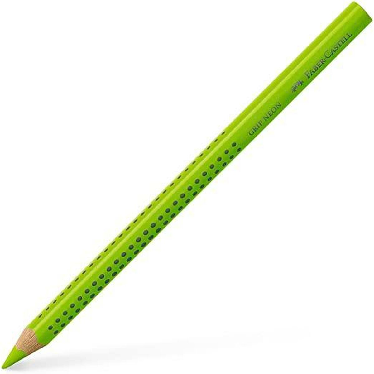 Ein neongrüner Faber-Castell-Bleistift. Er hat kleine schwarze Punkte für den Griff und den Text 'GRIP NEON' und 'FABER-CASTELL' aufgedruckt.