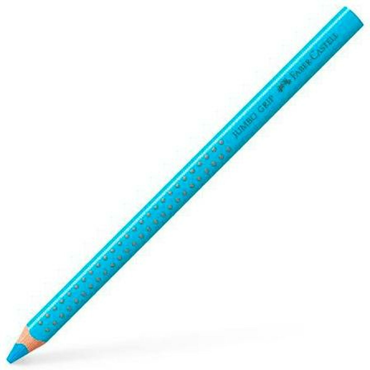 Ein türkisfarbener Bleistift mit den Aufdrucken "JUMBO GRIP" und "FABER-CASTELL". Der Stift hat einen strukturierten Griff.