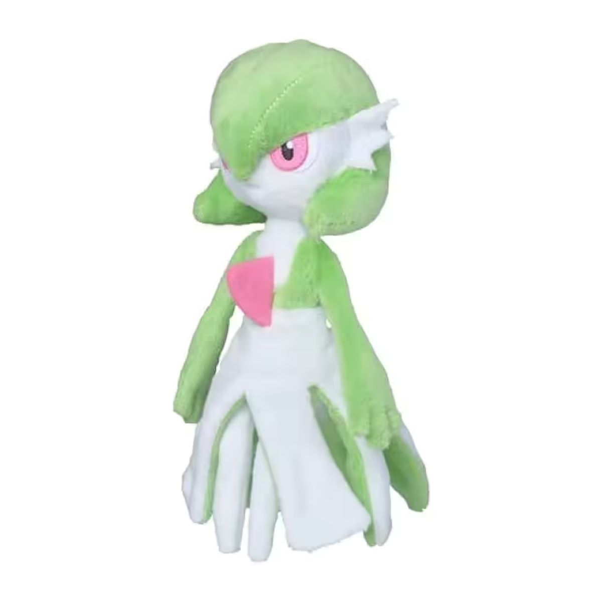 Ein Gardevoir-Plüschtier, grüner Kopf, weißer Körper, rosa Akzente. Es steht vor weißem Hintergrund. Das Spielzeug ist plüschig und weich.