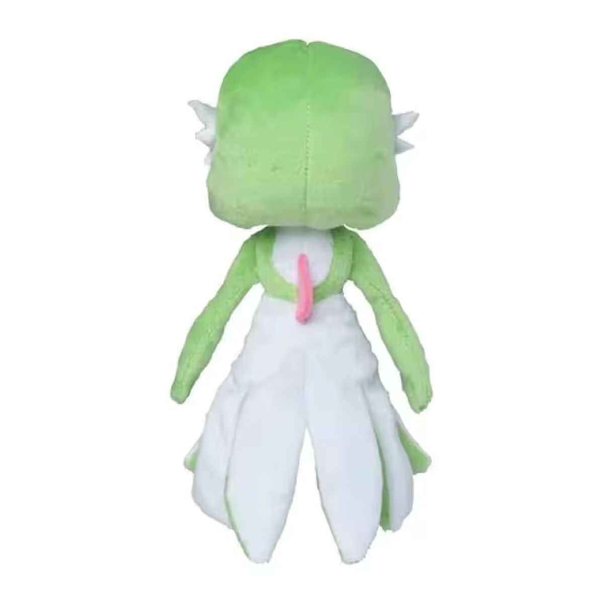 Ein Plüschtier von Gardevoir Pokemon, von hinten gesehen. Es hat einen grünen Kopf und Arme, ein weißes Kleid und ein rosa Detail.