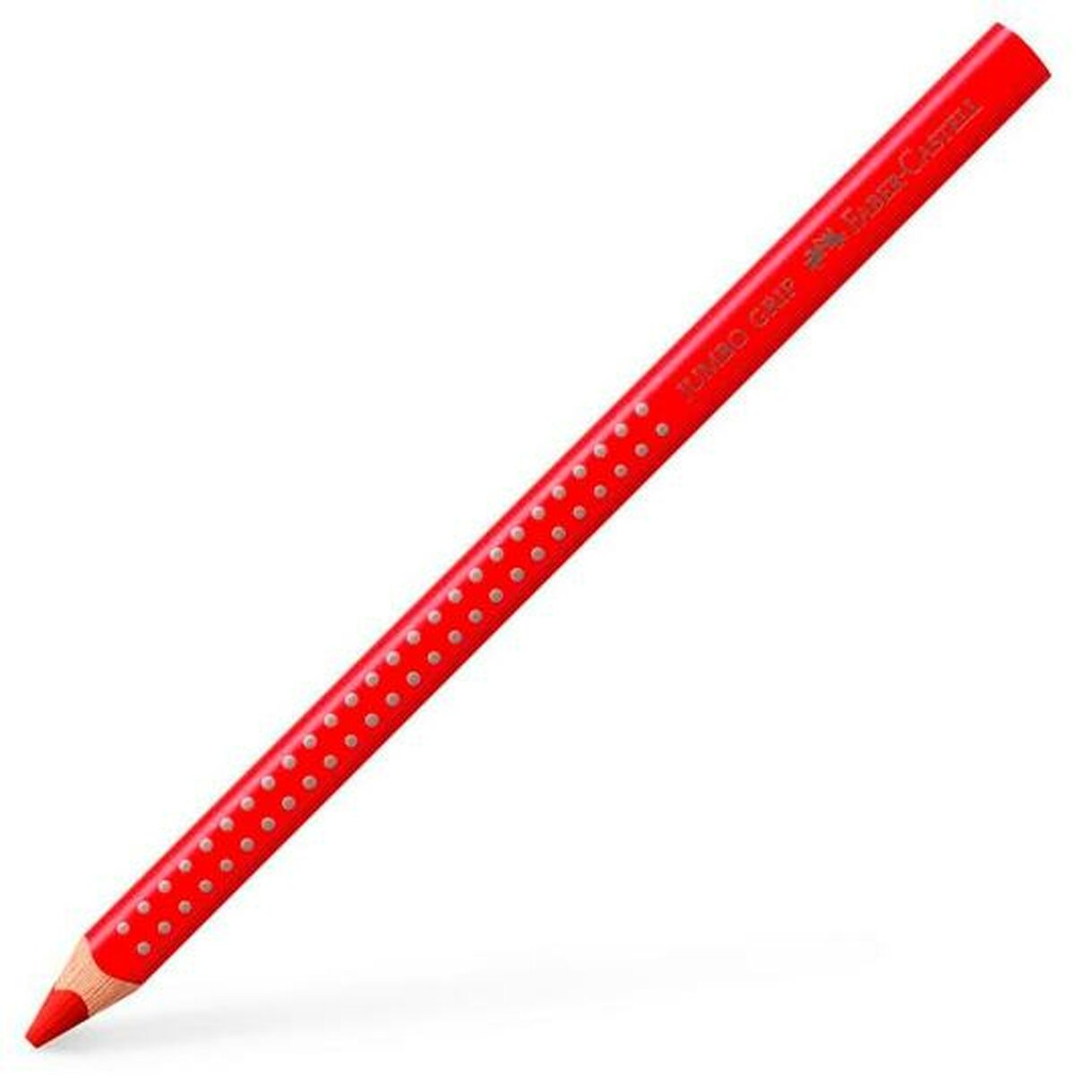 Ein roter Faber-Castell Jumbo Grip Bleistift. Er hat einen roten Körper mit weißen Punkten für den Griff. Die Spitze ist angespitzt und rot.