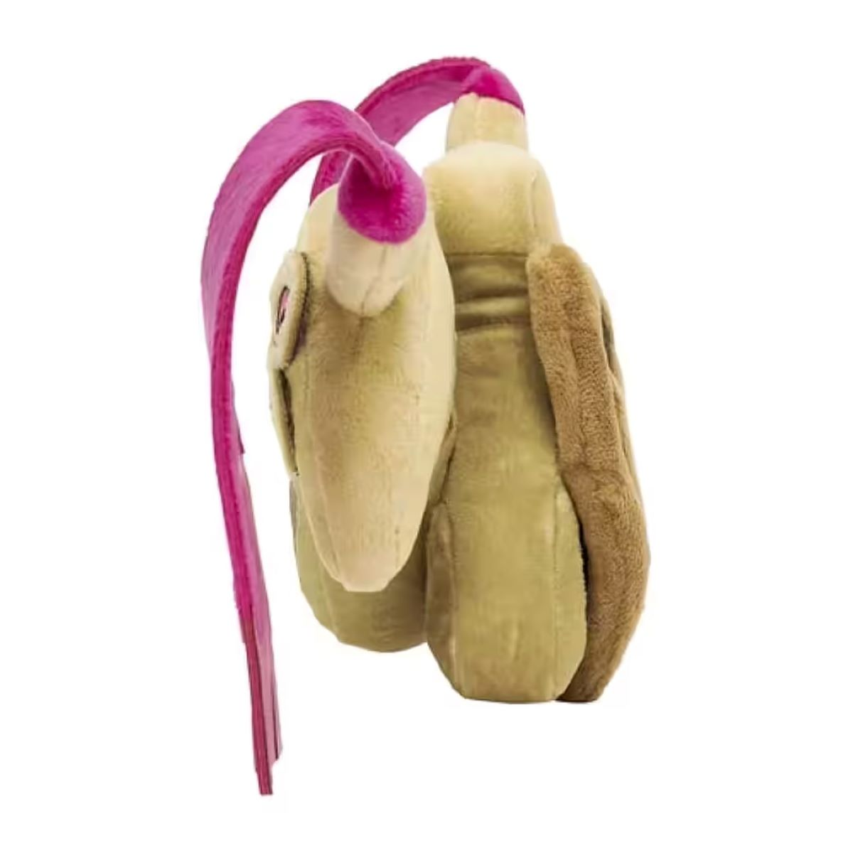 Ein Plüschtier in Form eines stilisierten Wesens, mit tan- und braunfarbenem Fell und einem rosa Riemen. Der Hintergrund ist weiß.