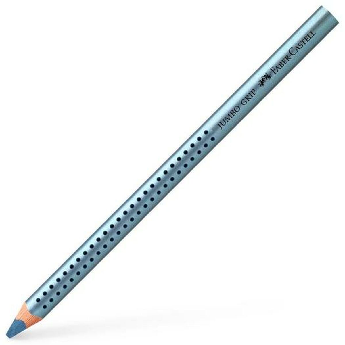 Ein blauer Faber-Castell Jumbo Grip Bleistift. Der Bleistift ist hellblau mit schwarzen Punkten und Text auf der Seite. Die Spitze ist blau.
