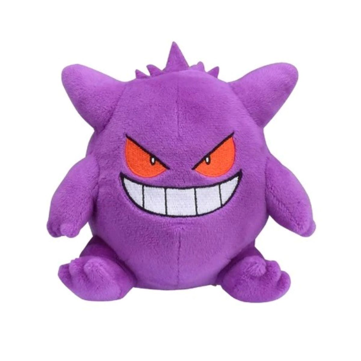 Ein lila Gengar-Plüschtier mit orangefarbenen Augen und einem breiten Grinsen. Es hat spitze Ohren und einen Stachel auf dem Kopf, vor weißem Hintergrund.